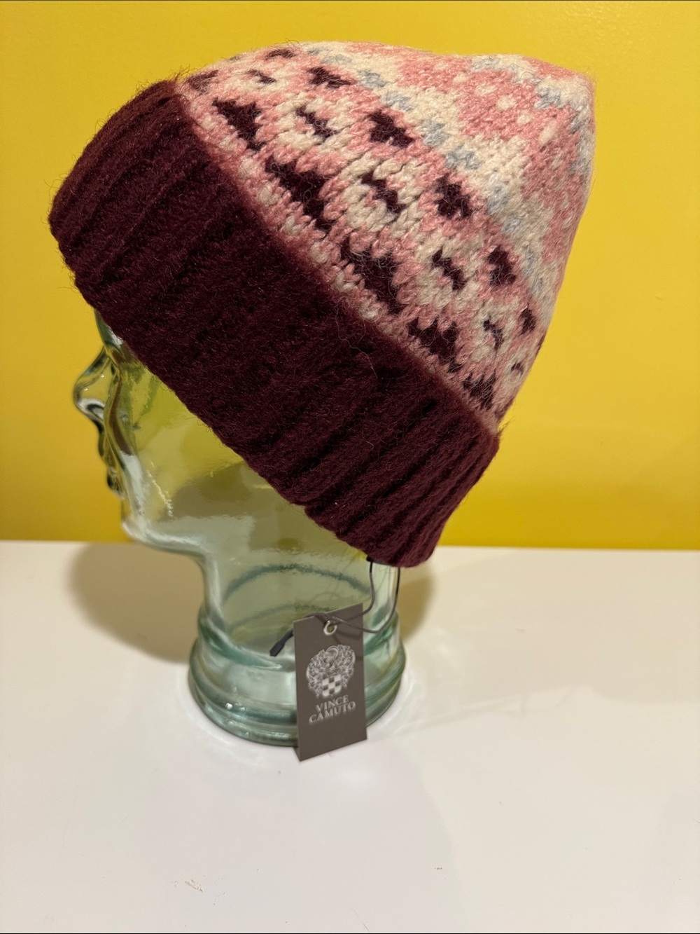 Vince Camuto Pink & Burgundy Patterned Knit Beanie